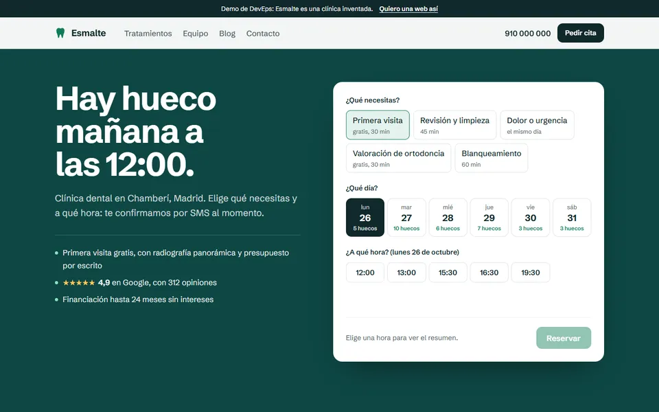 Portada de Esmalte, clínica dental en Madrid, con la agenda de citas