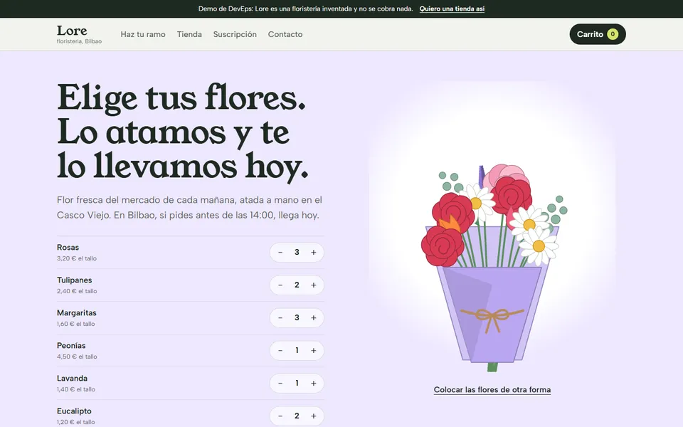 Portada de Lore, floristería en Bilbao, con el ramo dibujado